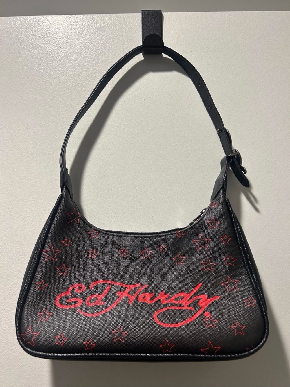 Ed Hardy Black Shoulder Bag with Red Script & Star Print
